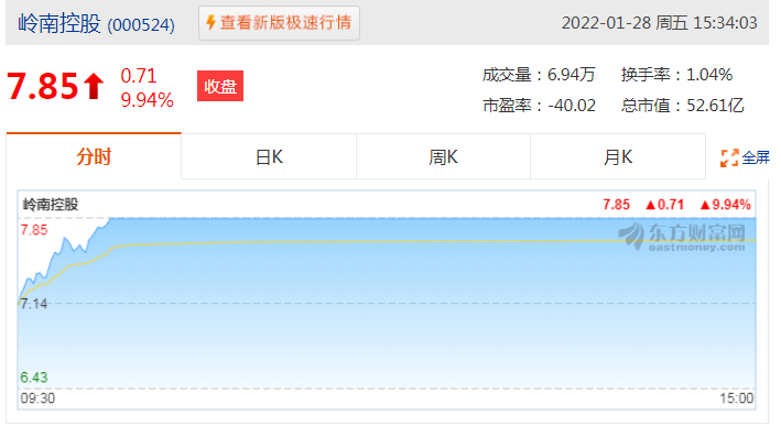 岭南控股01月28日股价上涨9.94%，收盘价为7.85元